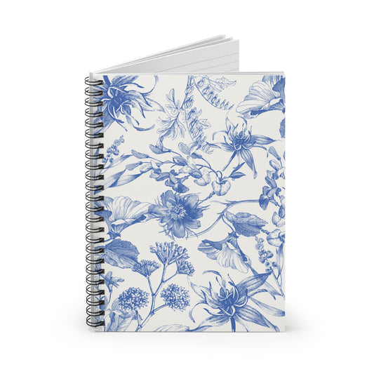 Libreta Blanca con Flores Celestes Elegancia y Estilo en 118 Páginas Rayadas