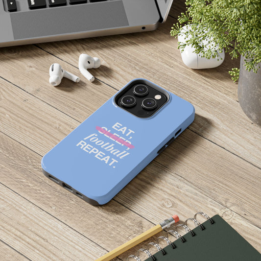 Funda para teléfono con frase motivadora "Eat, football, repeat"- Resistente a impactos