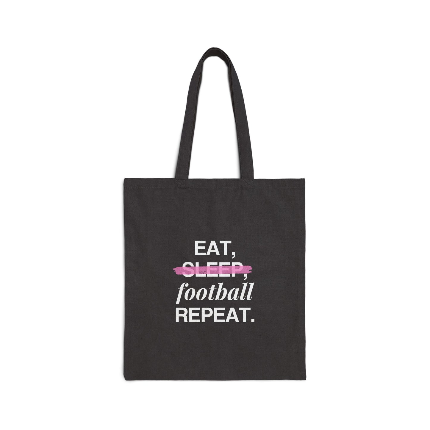 Bolsa tote con frase inspiradora "Eat, football, repeat"- 100% algodón, resistente.