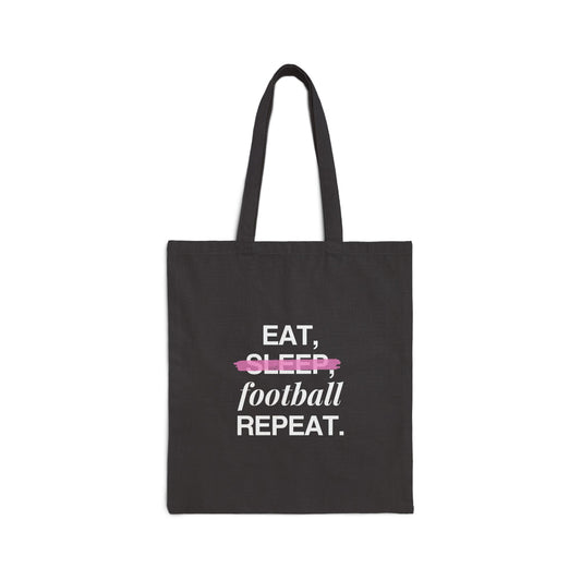 Bolsa tote con frase inspiradora "Eat, football, repeat"- 100% algodón, resistente.