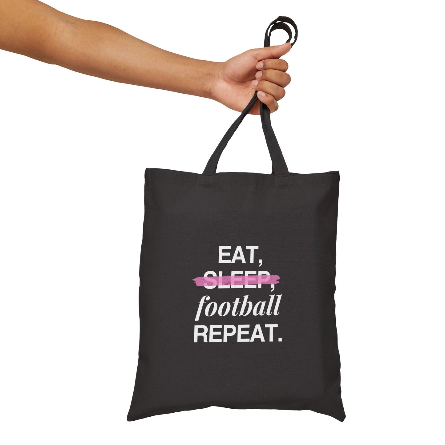 Bolsa tote con frase inspiradora "Eat, football, repeat"- 100% algodón, resistente.