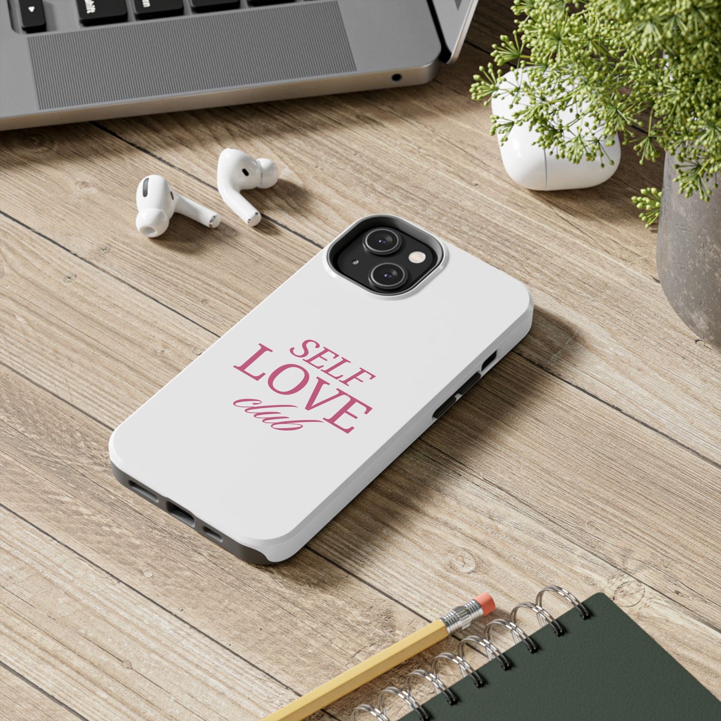 Funda para teléfono "SELF LOVE club"- Diseño exclusivo con frase motivadora, resistente a impactos, color blanco